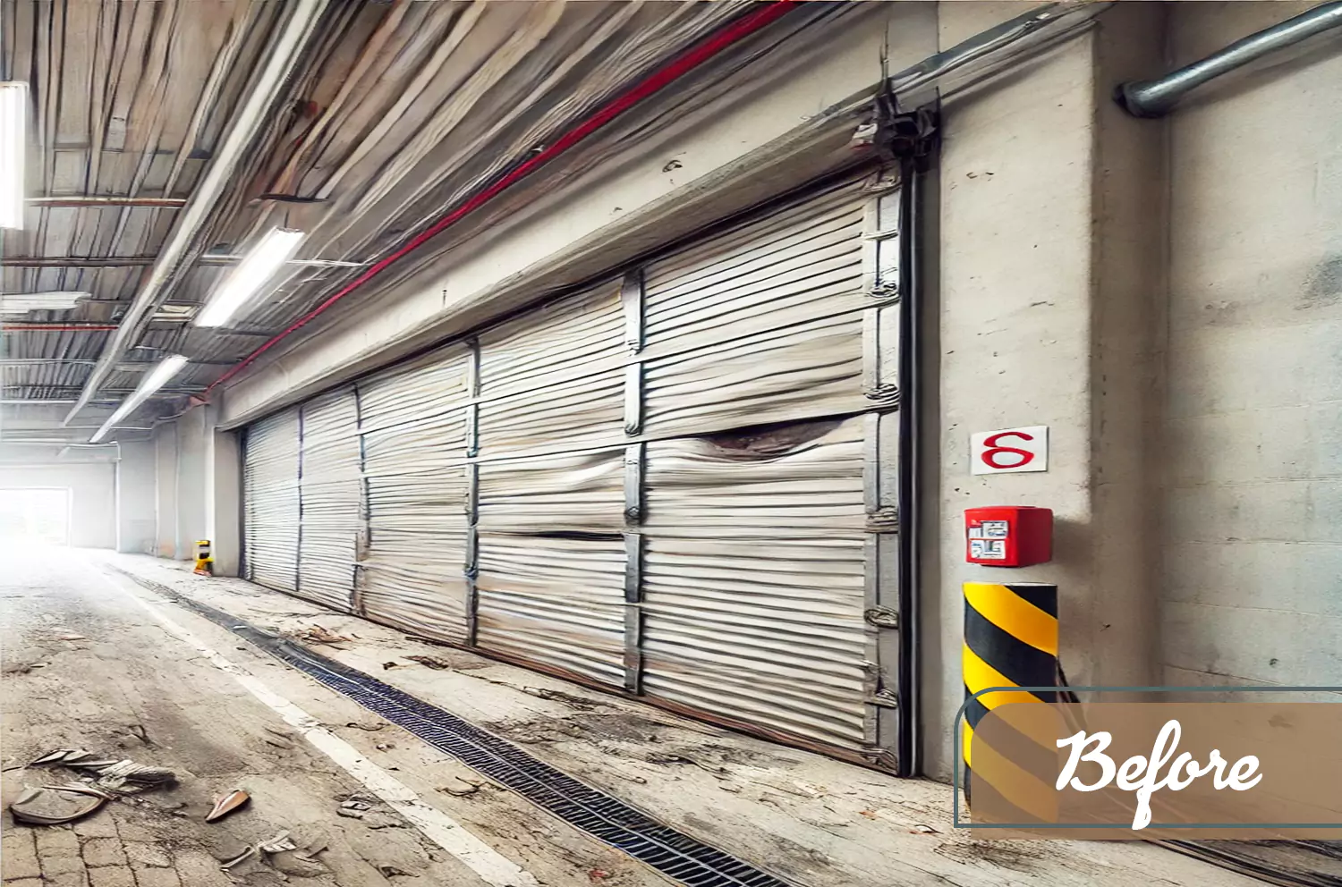 Commercial garage door before repair